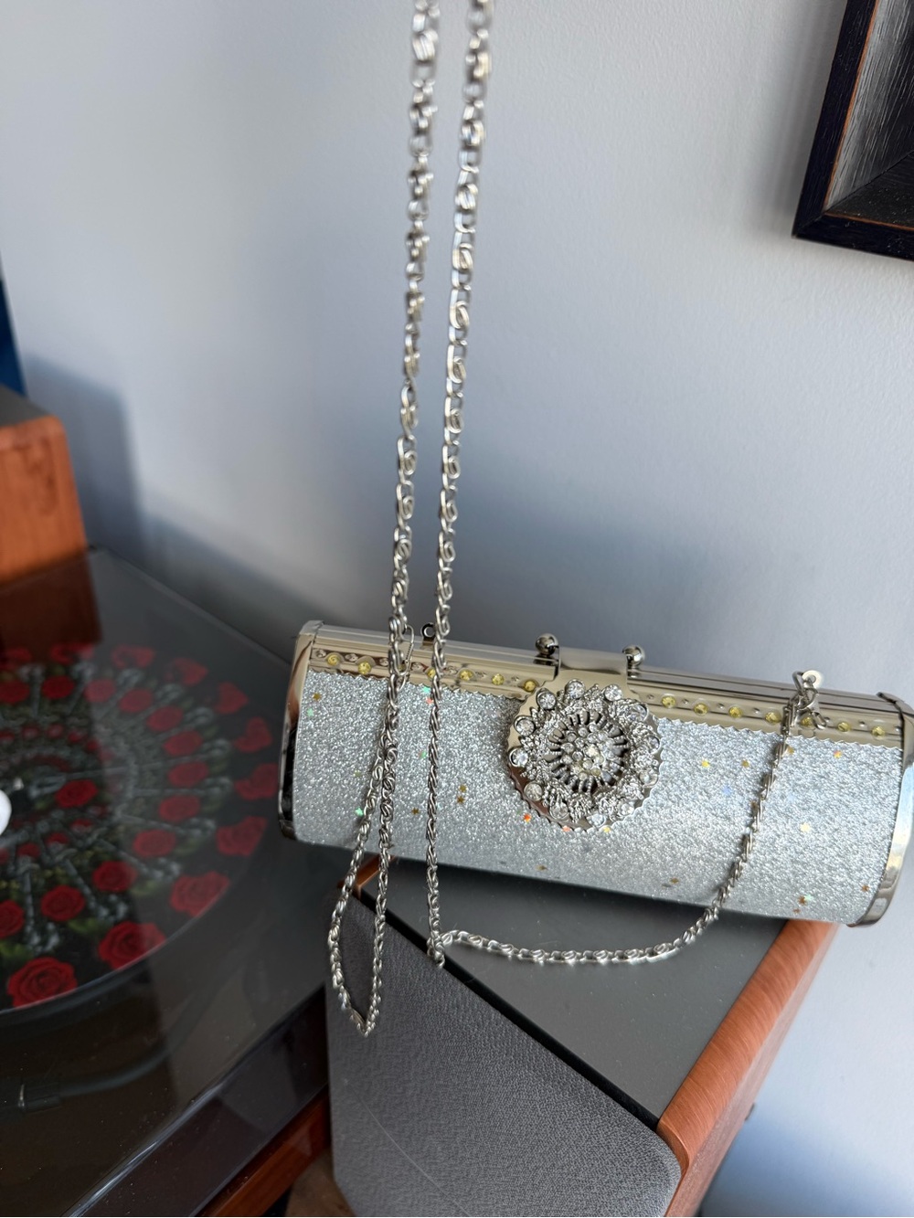 Silver Glitter Crystal-Embellished Evening Clutch - Picture 8 of 8